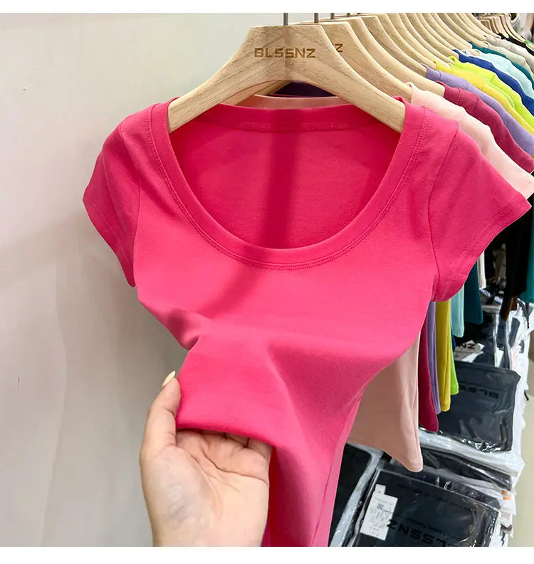 Women's Clothing U-neck T-Shirts Tops Tees pure cotton shoulder sleeved summer solid color slimming short low neck bottom shirt