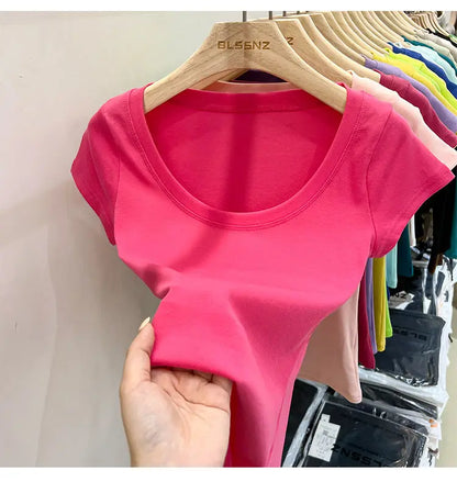 Women's Clothing U-neck T-Shirts Tops Tees pure cotton shoulder sleeved summer solid color slimming short low neck bottom shirt