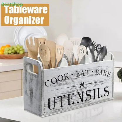 1pc Kitchen With Compartmentalized Cutlery Storage Rack, Rustic Style Wooden Countertop Organizer, Kitchenware Accessories