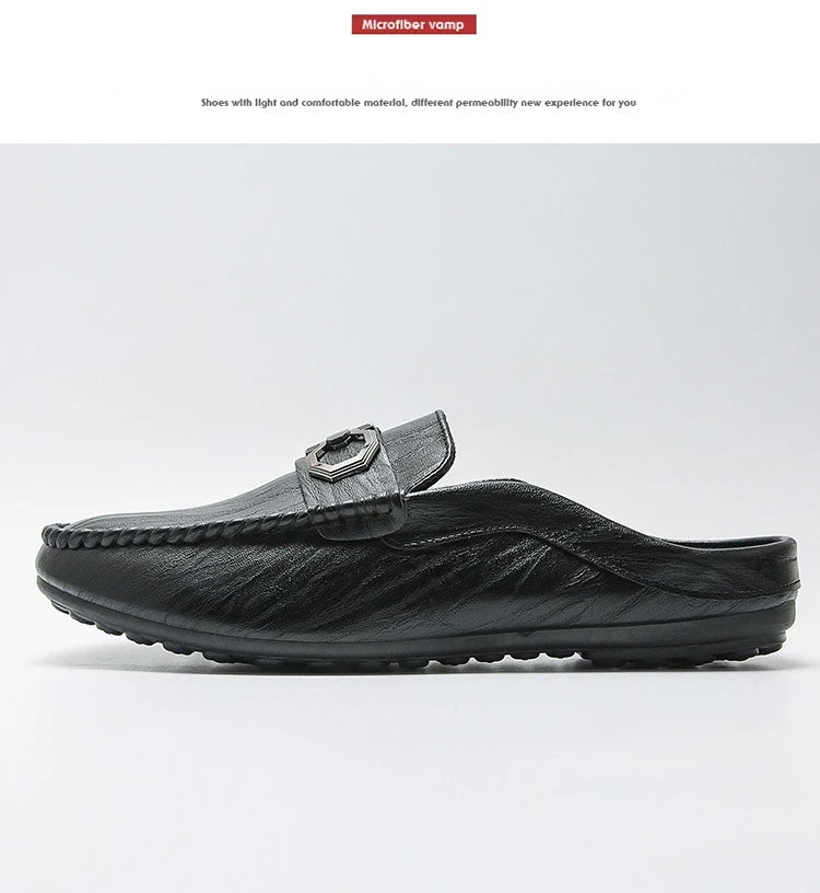 Designer Men Slippers Luxury Leather Casual Shoes for Men Breathable Soft Soled Loafers Fashion British style Men Half Slippers
