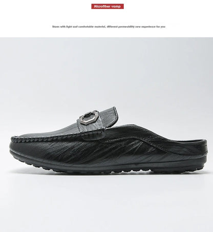 Designer Men Slippers Luxury Leather Casual Shoes for Men Breathable Soft Soled Loafers Fashion British style Men Half Slippers