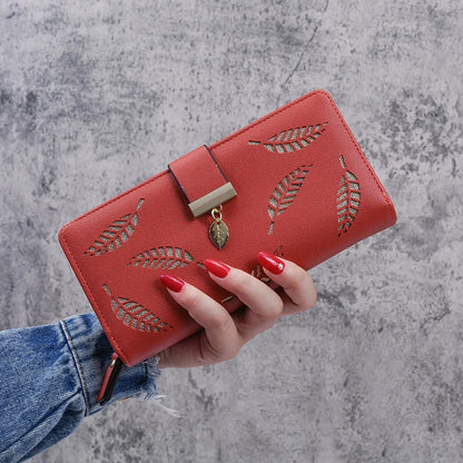 2024 new women's purse sweet lady PU leather horizontal zipper women's medium long hollow leaf purse