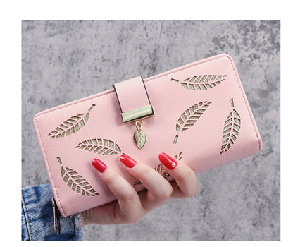 2024 new women's purse sweet lady PU leather horizontal zipper women's medium long hollow leaf purse