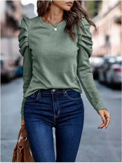 Women's  Round Neck Long Sleeved Pleated Elegant T-shirt Daily Parties Fashionable Commuting Style Autumn Top