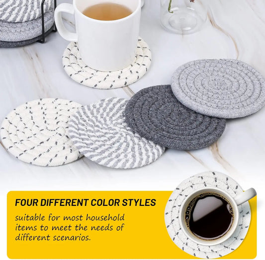 8 Pcs Drink Coasters with Holder, 4 Colors Absorbent Coasters for Drinks, Minimalist Cotton Woven Coaster Set for Home Decor