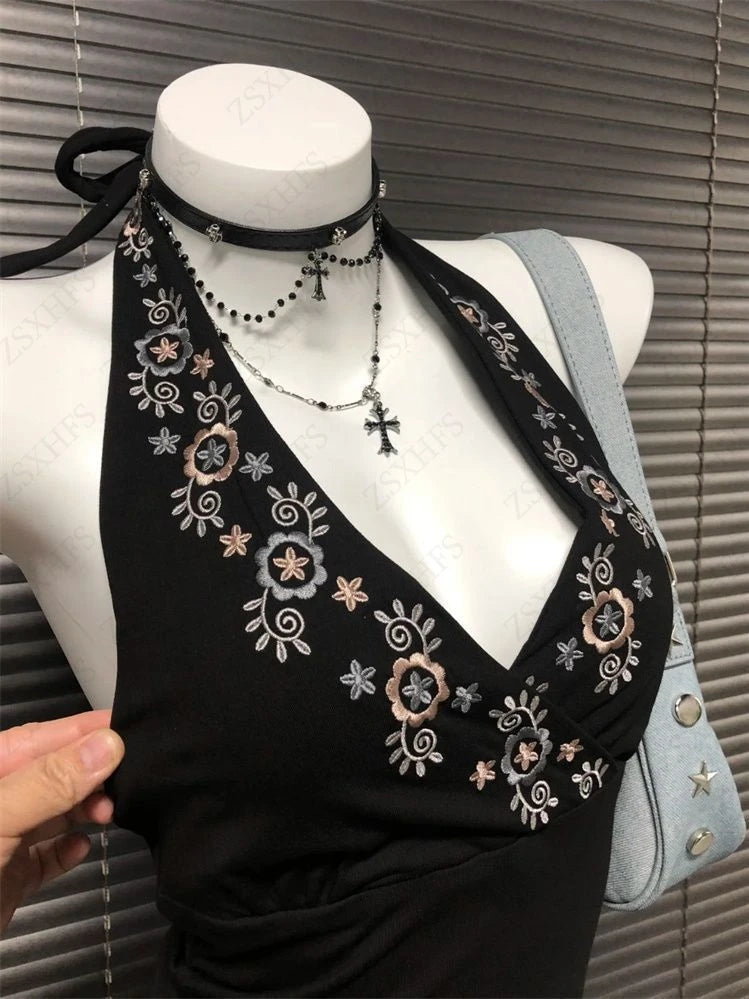 Vintage Clothes Women Camis Punk Sexy Casual Backless Flowers Gothic Sleeveless Tank Top Hip Hop Femme Grunge Y2k Crop Tops Tees