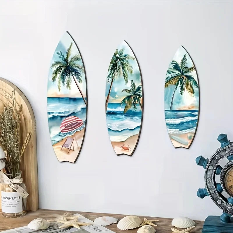 Set of 3 Handcrafted Wooden Surfboard Wall Decor - Coastal Beach Themed Hanging Plaques for Summer Home & Patio Design