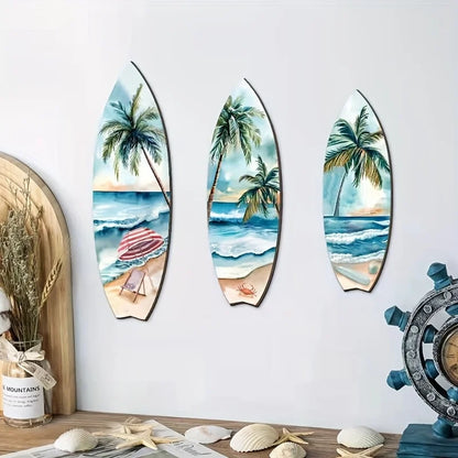 Set of 3 Handcrafted Wooden Surfboard Wall Decor - Coastal Beach Themed Hanging Plaques for Summer Home & Patio Design