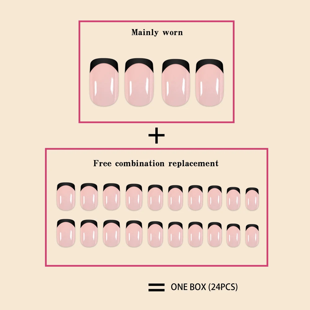 24Pcs/Set Women Girls Short French Light Blue Pink Dual Color Glossy Surface Full Coverage Wearable Fake Nail Press on Nail Art