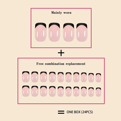 24Pcs/Set Women Girls Short French Light Blue Pink Dual Color Glossy Surface Full Coverage Wearable Fake Nail Press on Nail Art
