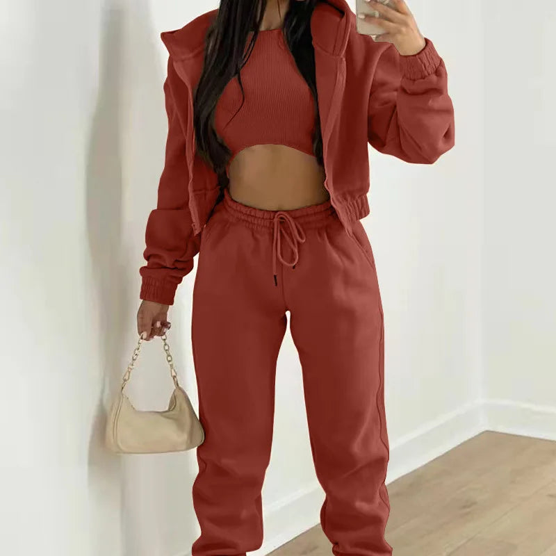 Women's 3-piece Trousers Velvet Hooded Sweatshirt Sports Casual Outfit Casual Long Sleeve Ribbed High Waist Pant Suits Sporty