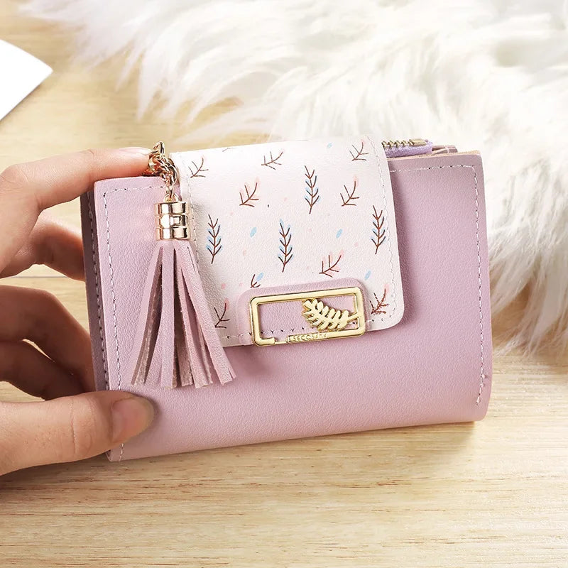 Leaf Purses For Women with Tassel Pendant Card Holder Women's Clutch Bag Short Female Wallet Coin Purse PU Cute Wallet