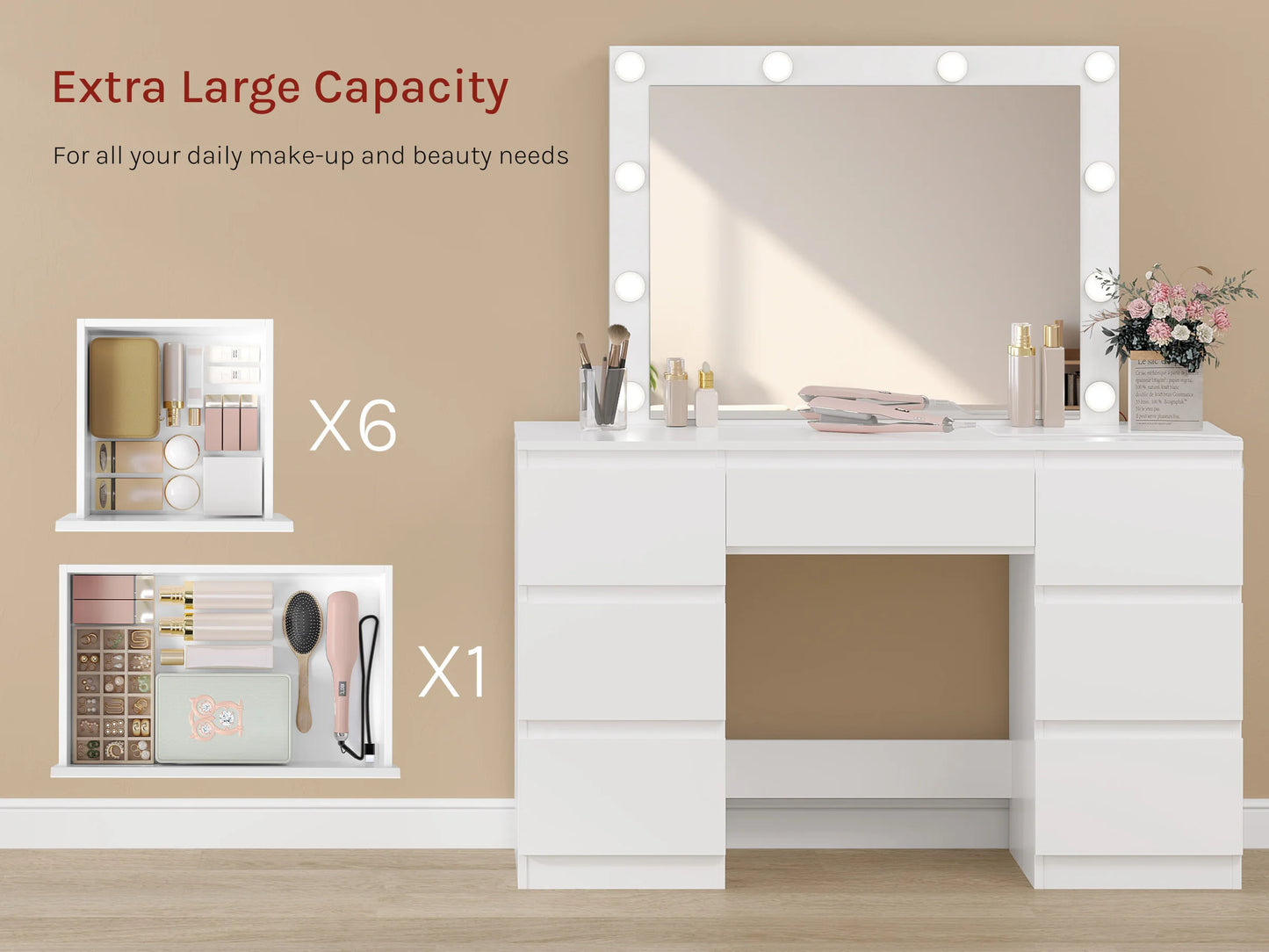 WOLTU Vanity Makeup Desk with LED Lights and Charge Socket Dressing Table with Large Mirror Modern 7 Drawers Bedroom Dresser