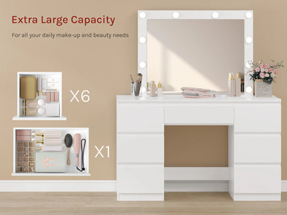 WOLTU Vanity Makeup Desk with LED Lights and Charge Socket Dressing Table with Large Mirror Modern 7 Drawers Bedroom Dresser