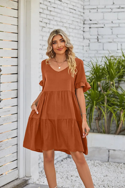 Women Clothes Summer Ruffle V Neck Short Sleeve Solid Cotton Beach Midi Dress Trendy Loose Simple Elegant Party Dresses Vestidos