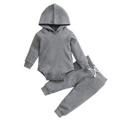 Newborn Baby Boy Pant Sets Autumn Clothes Solid Color Long Sleeves Hooded Bodysuit Tops and Pants Baby Items Clothing for Infant