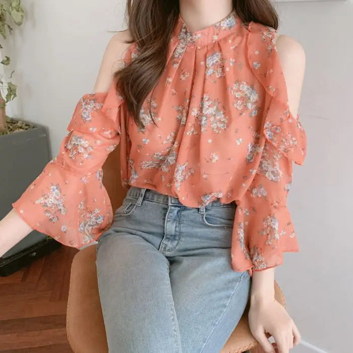 Fashion Woman Off Shoulder Blouse Shirts For Women Stylish Top long Sleeve Female Tops Elegant Chiffon Mujer Woman Clothes