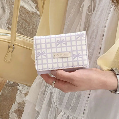 Portable Sweet Cute Tri-Fold Purses Multiple Card Slot Lattice Bow Short Wallet Candy Color PU Leather Women Card Holder Daily