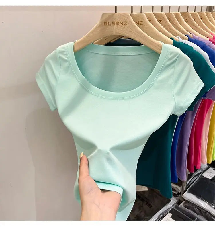 Women's Clothing U-neck T-Shirts Tops Tees pure cotton shoulder sleeved summer solid color slimming short low neck bottom shirt