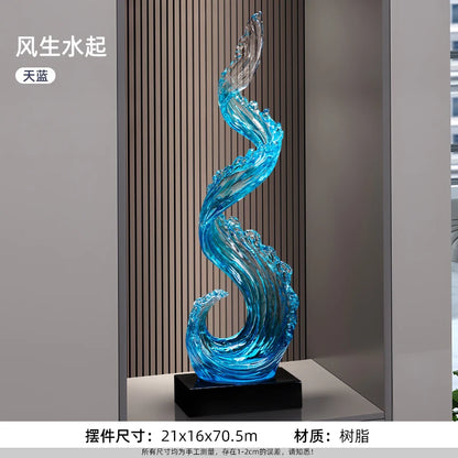 Home Decor Wind and Water Rising Decorations,Blue Resin Sculpture Luxury Living Room Entrance Vertical Art Decoration Customized