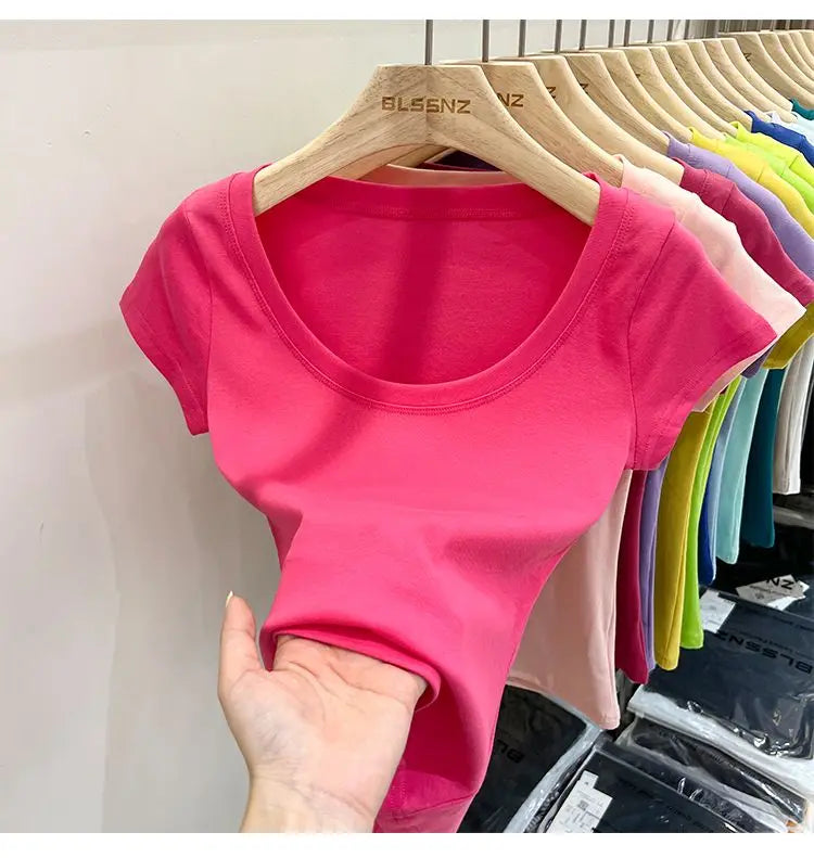 Women's Clothing U-neck T-Shirts Tops Tees pure cotton shoulder sleeved summer solid color slimming short low neck bottom shirt