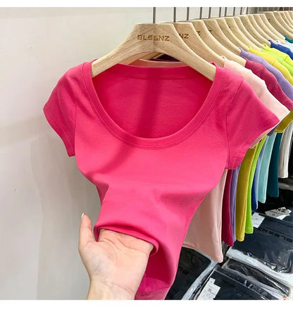 Women's Clothing U-neck T-Shirts Tops Tees pure cotton shoulder sleeved summer solid color slimming short low neck bottom shirt