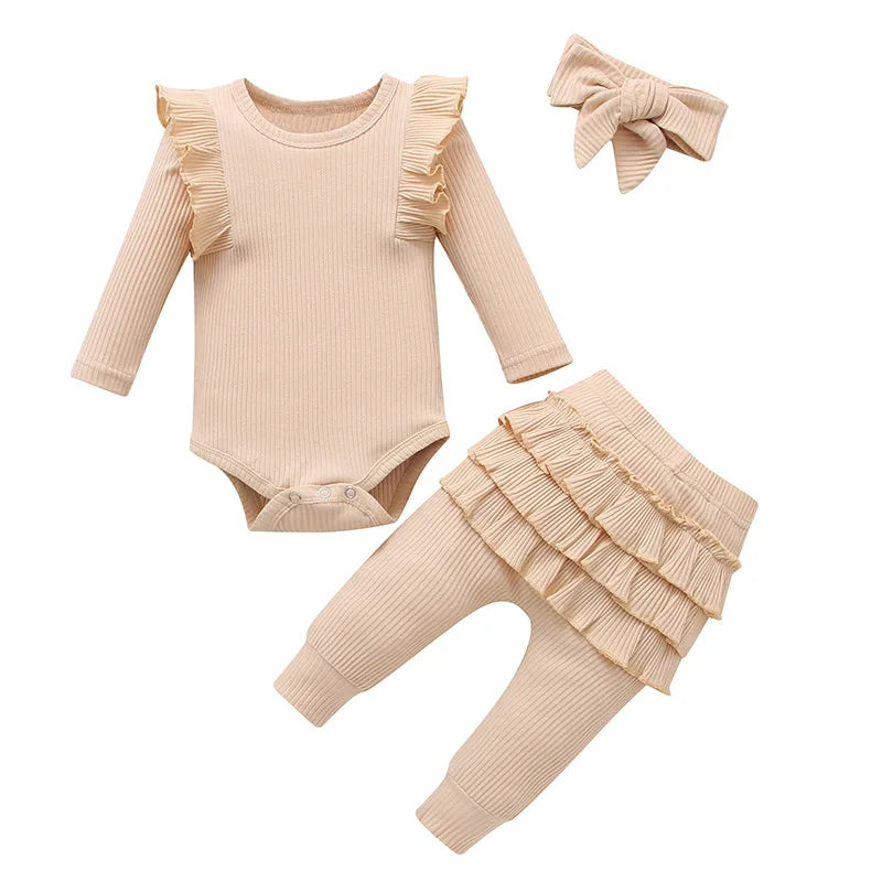 Newborn Baby Girls Clothes Infant Long Sleeve Ruffle Romper Bodysuits+Pants+Bow Headband 3Pcs Suit Children Toddler Outfit A422