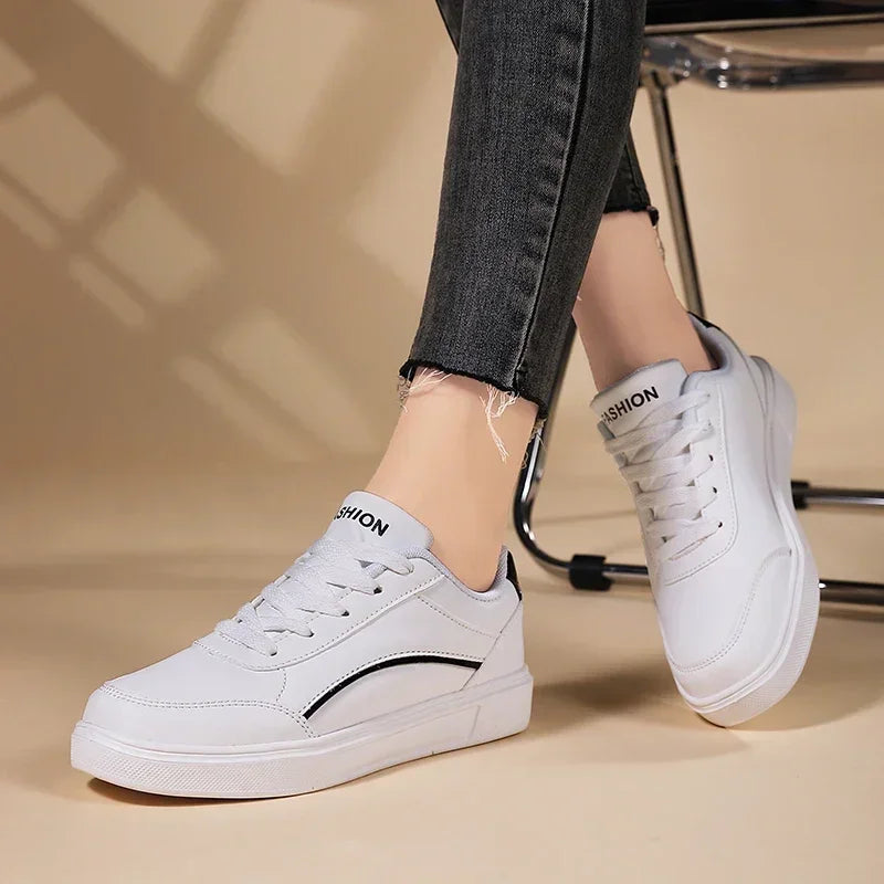 Women Casual Shoes Lace Up White Shoes Board Flat Female White PU Leather Walking Sneakers Thick Sole Outdoor Luxury Fashion