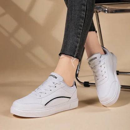 Women Casual Shoes Lace Up White Shoes Board Flat Female White PU Leather Walking Sneakers Thick Sole Outdoor Luxury Fashion