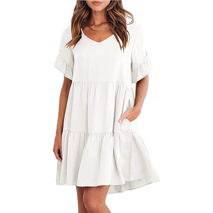 Women Clothes Summer Ruffle V Neck Short Sleeve Solid Cotton Beach Midi Dress Trendy Loose Simple Elegant Party Dresses Vestidos