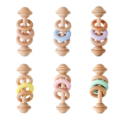 Baby Toys Wooden Rattles Silicone Ring Baby Rattles and Mobiles 0 12 Months Sensory Toys for Baby  Wooden Teether for Baby Gifts