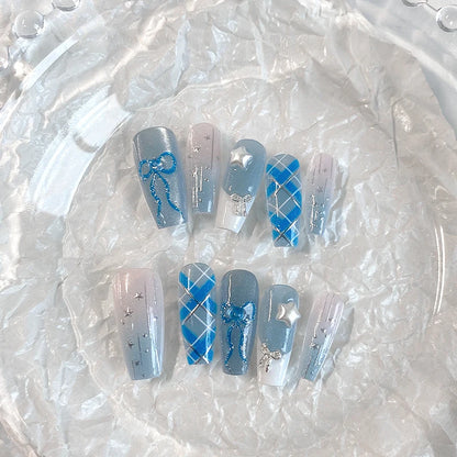 10PCS handmade coffin shaped nails, beautiful fake nails, dreamy blue and white nail art, fresh summer, suitable for women to us