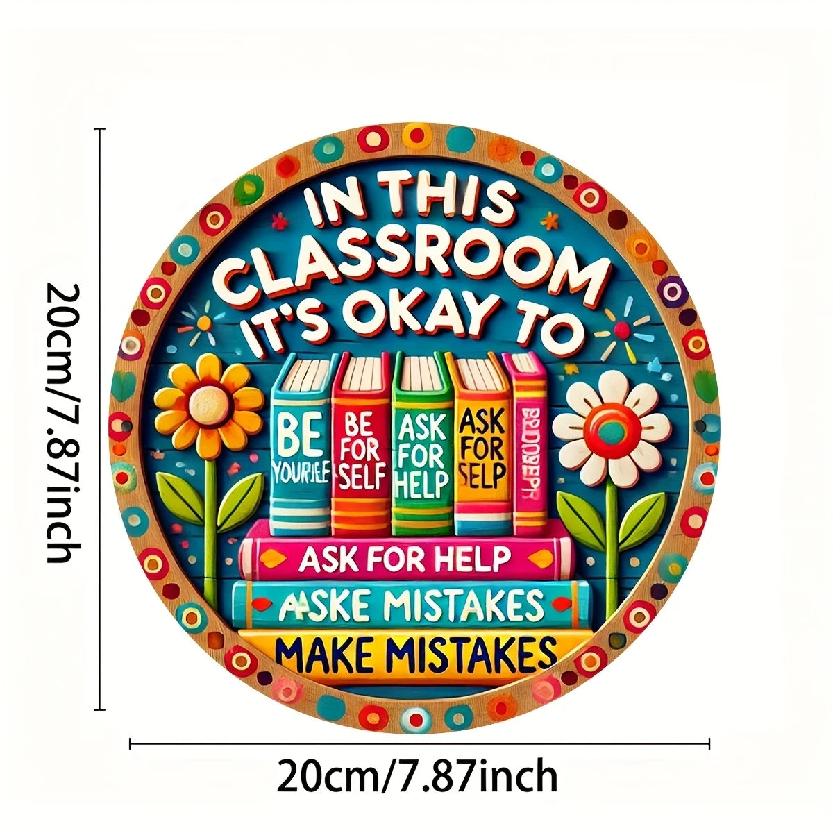 2D Retro Wooden Disc Cartoon Book Flower Design Signboard School Classroom Library After-school Class Door Hanging Decor Gift