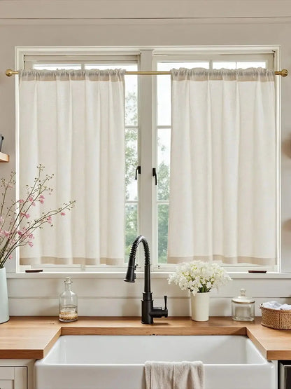 Linen Kitchen Curtains 30 Inch Tier Curtains Farmhouse Cream Beige Short Semi Sheer Drapes with Rod Pocket