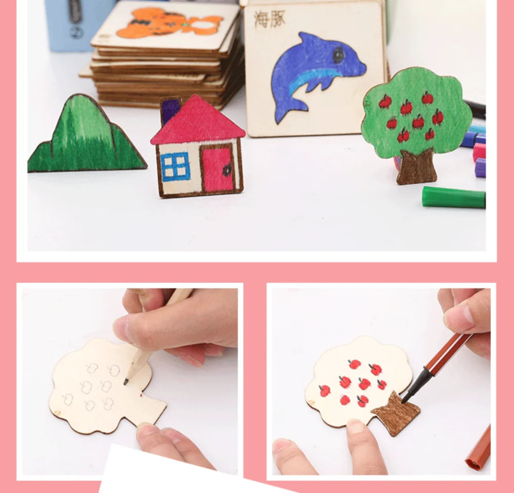 Kids Drawing Toys Montessori DIY Painting Stencils Template Wooden Craft Puzzle Educational Toys for Boys Girls Birthday Gift