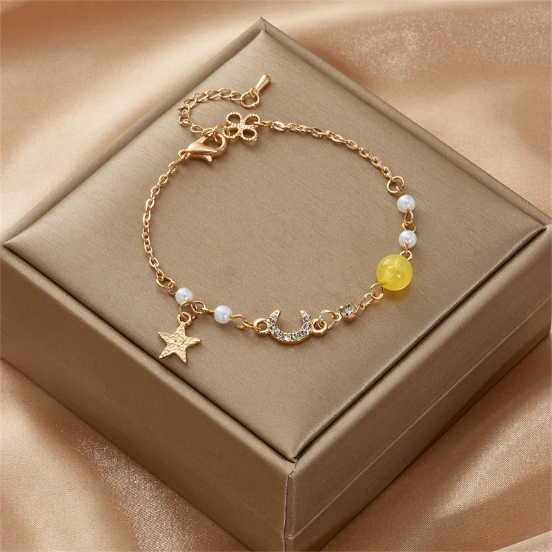 Silver Color Zircon Bracelet For Women Girls Shiny Crystal Bracelets Moon Cherry Butterfly Pendant Bangles Wristband Jewelry