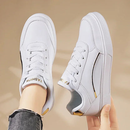 Women Casual Shoes Lace Up White Shoes Board Flat Female White PU Leather Walking Sneakers Thick Sole Outdoor Luxury Fashion