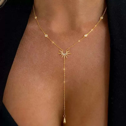 Fashion Gold Color Y-Shaped Pendant Necklaces For Women Girls Luxury Cubic Zirconia Long Tassel Dangle Choker Jewelry Gift