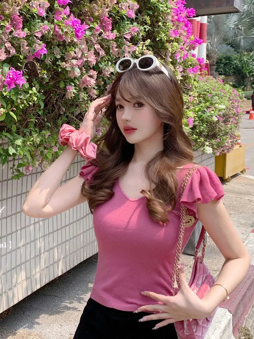 Women Clothes Summer Casual Fashion Simplicity Solid Color V-neck Tops Women's Trend All-match Sweet Temperament Slim T-Shirt