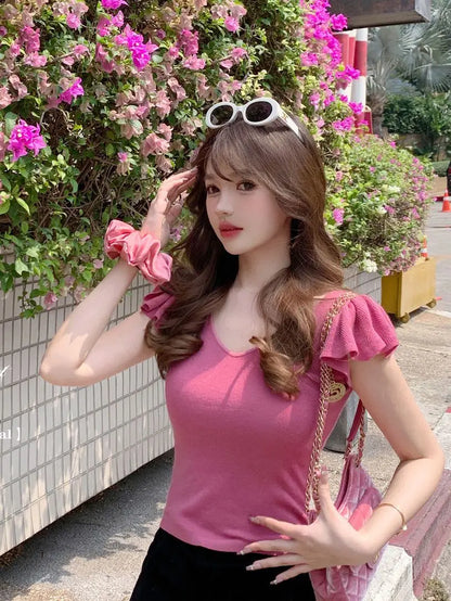 Women Clothes Summer Casual Fashion Simplicity Solid Color V-neck Tops Women's Trend All-match Sweet Temperament Slim T-Shirt