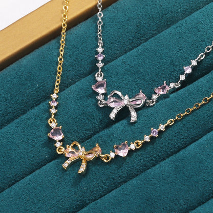 Y2K Exquisite Sweet Pink Zircon Bowknot Love Heart Chain Bracelet For Women Girls Party Birthday Jewelry Gift