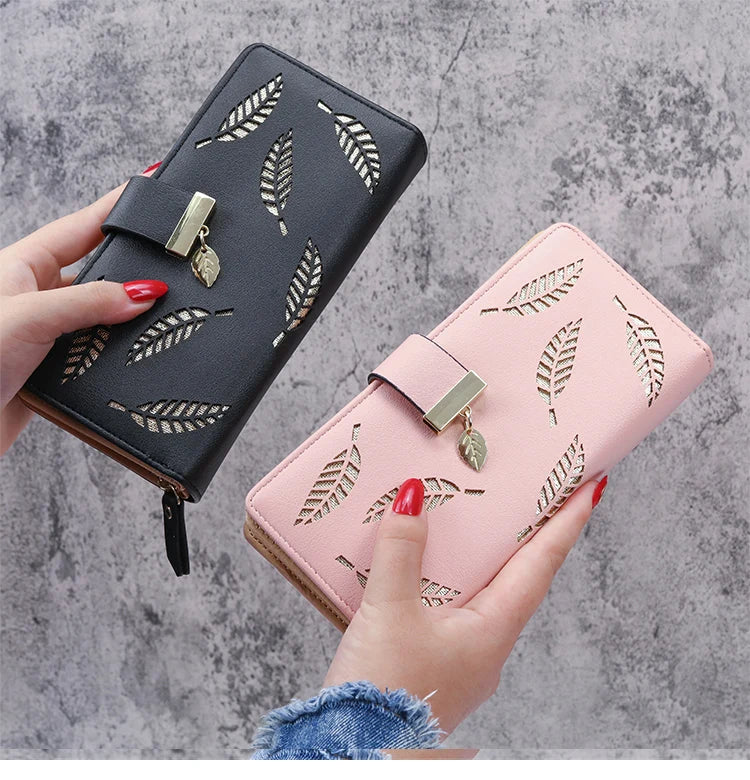 2024 new women's purse sweet lady PU leather horizontal zipper women's medium long hollow leaf purse