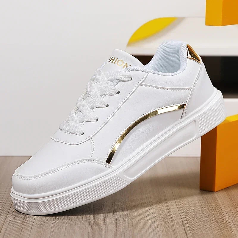 Women Casual Shoes Lace Up White Shoes Board Flat Female White PU Leather Walking Sneakers Thick Sole Outdoor Luxury Fashion