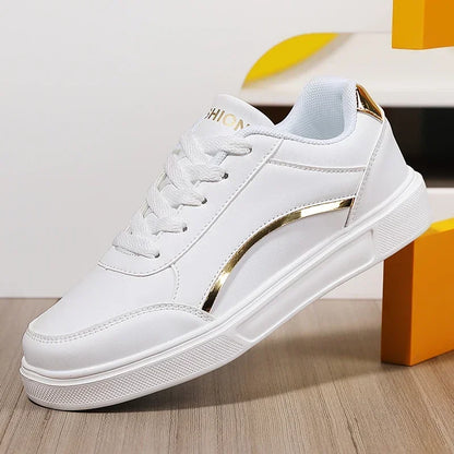 Women Casual Shoes Lace Up White Shoes Board Flat Female White PU Leather Walking Sneakers Thick Sole Outdoor Luxury Fashion