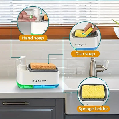 Hand and Dish Soap Dispenser Set Detergent Dispenser Sponge Holder 2-in-1 Countertop Soap Pump Dispenser for Kitchen Sink