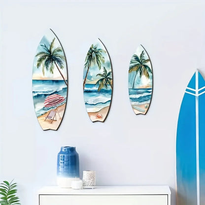 Set of 3 Handcrafted Wooden Surfboard Wall Decor - Coastal Beach Themed Hanging Plaques for Summer Home & Patio Design