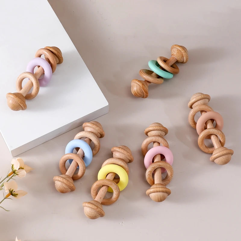 Baby Toys Wooden Rattles Silicone Ring Baby Rattles and Mobiles 0 12 Months Sensory Toys for Baby  Wooden Teether for Baby Gifts