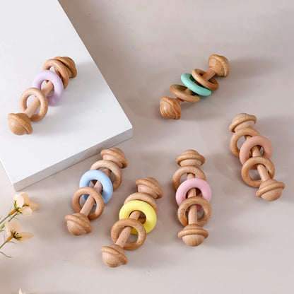 Baby Toys Wooden Rattles Silicone Ring Baby Rattles and Mobiles 0 12 Months Sensory Toys for Baby  Wooden Teether for Baby Gifts
