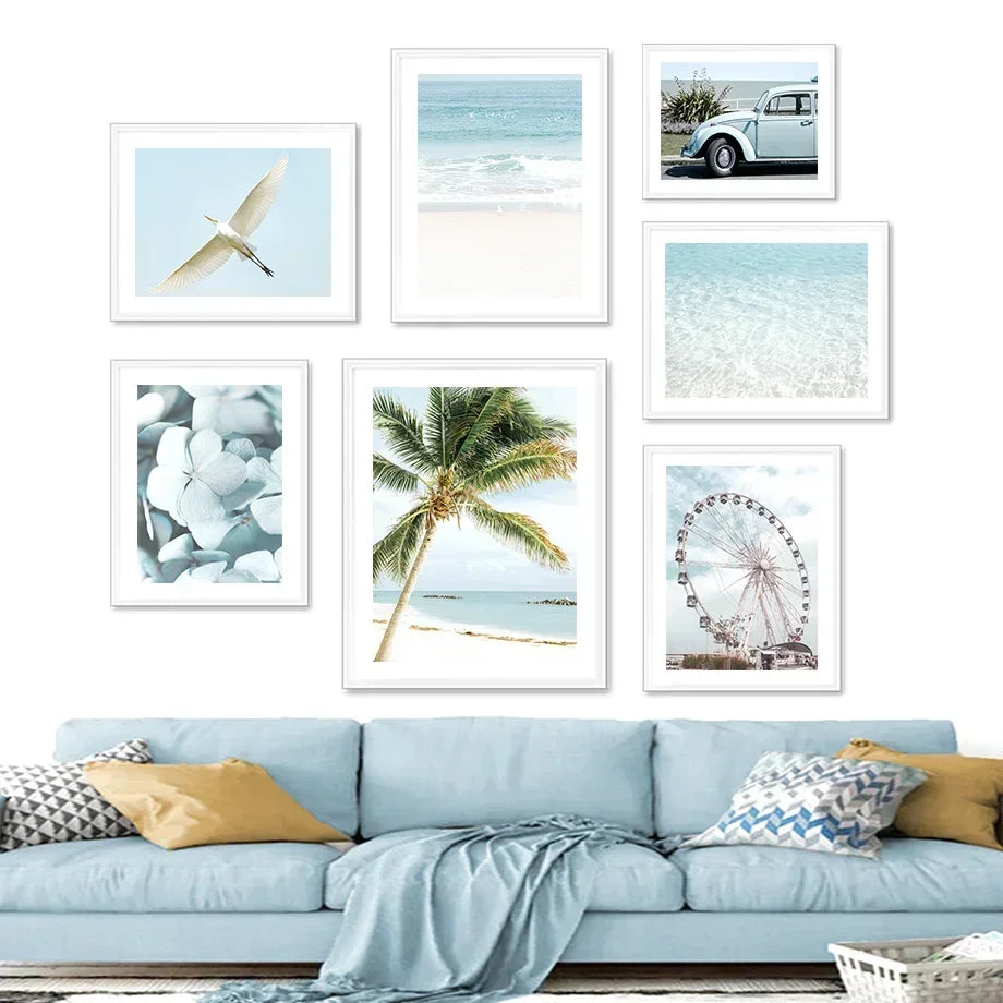 Wall Art Canvas Painting Nordic Palm Tree Sea Beach Flower Bird Seascape Posters and Prints Wall Pictures for Living Room Decor