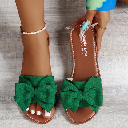 Women Slippers 2025 New Fashion Sandals Slides Women Summer Bow Keep Warm Shoes Women Flat Plus Size Slippers Zapatos De Mujer